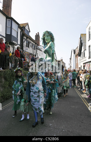 The quirky annual Jack in the Green festival procession held on May Day, around the old town of Hastings, East Sussex, England Stock Photo