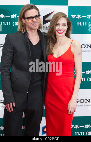 November 9, 2011: Tokyo, Japan - US actor Brad Pitt (left) and US actress Angelina Jolie (right) attend the Japan red carpet premiere for the film 'Moneyball'. The film will be released in Japanese theaters from November 11. (Photo by Christopher Jue/Nippon News) Stock Photo