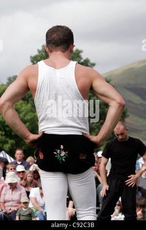 Cumberland Wrestling at the Grasmere Lakeland Sports and Show held on the August Bank Holiday Sunday in Cumbria, England Stock Photo