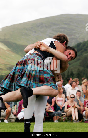 Cumberland Wrestling at the Grasmere Lakeland Sports and Show held on the August Bank Holiday Sunday in Cumbria, England Stock Photo