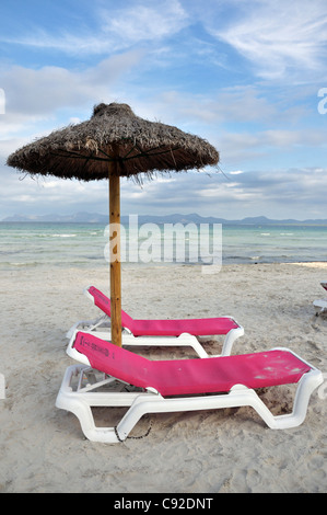 Sun beds on beach, Alcudia, Balearic Islands, Spain, Europe Stock Photo