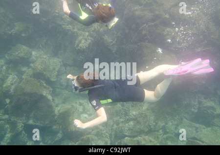 Two women swimming underwater, San Cristobal Island, Galapagos Islands, Ecuador Stock Photo