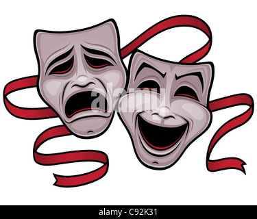 Vector illustration of comedy and tragedy theater masks with a red ribbon. Stock Photo