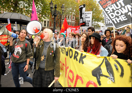 London, UK 9th Nov, 2011. Students march from University College of London to Moorgate to London Wall in their protest against rises in tuition fees almost a year after their first protest which led to violent clashes with police and a break in at the Conservative Party Building on Millbank. Stock Photo