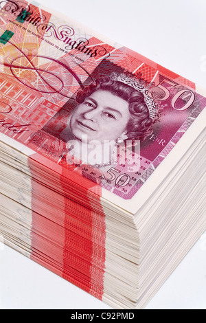 50 pound British currency bank notes £50 cash rich pile Stock Photo