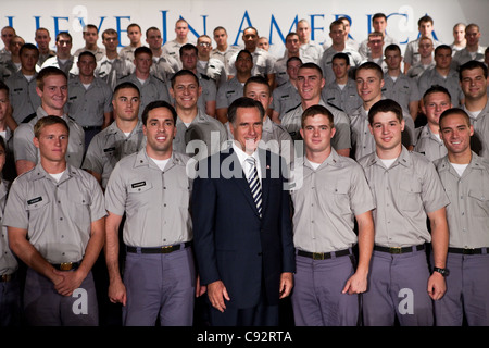 Republican presidential candidate Mitt Romney poses with cadets at the Citadel on October 7, 2011 in Charleston, South Carolina. Stock Photo