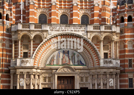 The ornate facade of Westminster Cathedral the largest Catholic church in England and Wales. Construction started in 1895 with Stock Photo