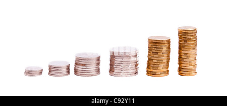 Set of Australian coin currency in stacks, including 5, 10, 20 and 50 cent coins, plus 1 and two dollars, isolated on white Stock Photo