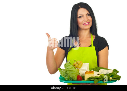 Successful cheese maker giving thumb up isolated on white background Stock Photo