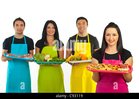 Confectioner woman standing in front of market workers team isolated on white background Stock Photo