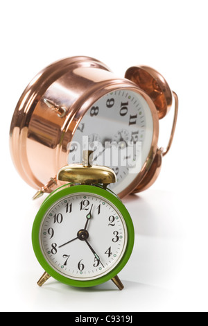 Two alarm clocks on white Stock Photo