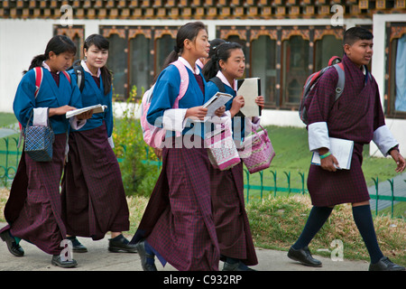 Students walking to college in Thimphu, capital city of the Kingdom of Bhutan. Stock Photo