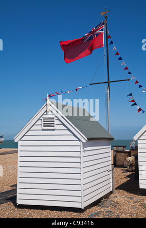 England, Kent, Deal. A beach hut on the shingle at Deal. Notable for its two castles. Stock Photo