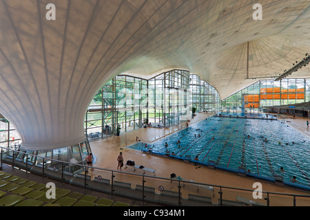 Interior of the Munich Olympic Swimming Pool, Munich Olympic Park, Gern, Munich Bayern, Germany. Stock Photo