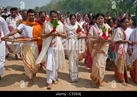 A Hindu religious procession to celebrate the opening of a new Shiva Temple at Raha, Nagoan. Stock Photo