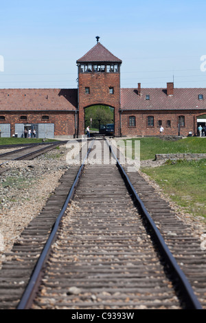 Poland, Brzezinka, Auschwitz II - Birkenau. The entrance gate at Birkenau Stock Photo