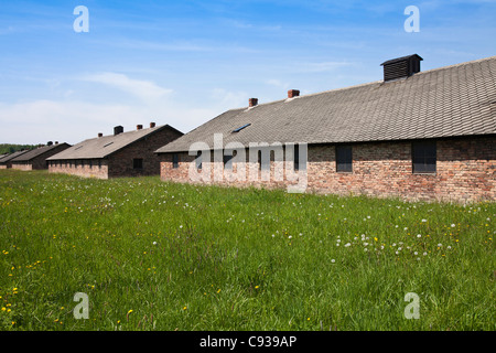 Poland, Brzezinka, Auschwitz II - Birkenau. Barracks in the Women's Camp. Stock Photo