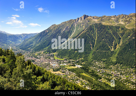 Historic train: overview of Chamonix from the train du Montenvers, France. Stock Photo