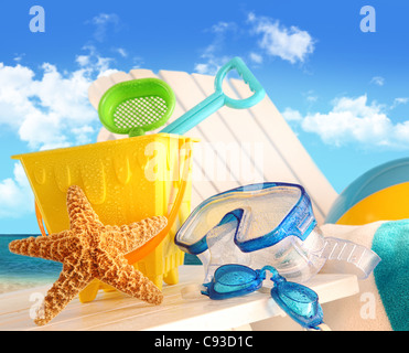 Closeup of children's beach toys at the beach Stock Photo