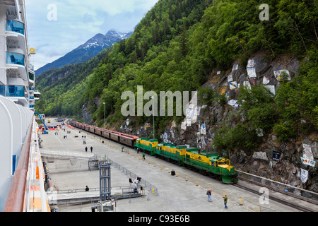 White Pass & Yukon RR meets cruise ship in Skagway, Alaska for tour to Canada. Stock Photo