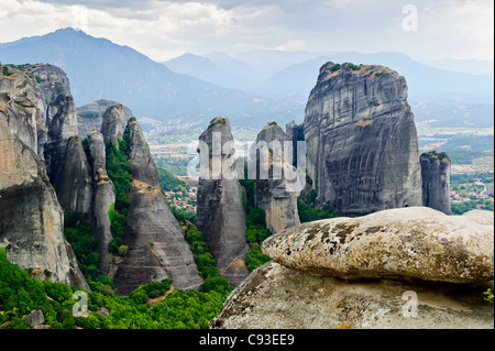 Rocks in Meteora, Greece. View from mountain road Stock Photo