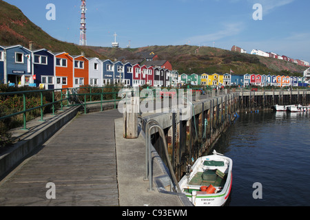 Harbor of Helgoland with the famous Hummerbuden. Stock Photo