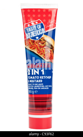 Tube of 2 in 1Taste of America tomato ketchup and mustard sauce Stock Photo