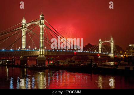 Albert Bridge, River Thames and Fireworks. London, England, UK Stock Photo