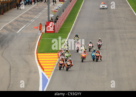 Crash at turn 1 at the Valencia Moto GP involving Valentino Rossi 46, Nicky Hayden 69, Randy De Puniet 14, Alvaro Bautista 19 Stock Photo