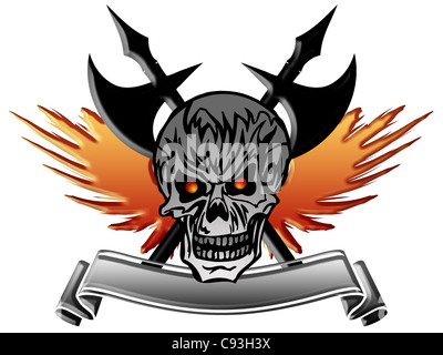 Skull with Wings Medieval Axe And Banner Illustration Stock Photo