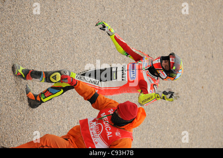 Crash at turn 1 at the Valencia Moto GP involving Valentino Rossi 46, Nicky Hayden 69, Randy De Puniet 14, Alvaro Bautista 19 Stock Photo