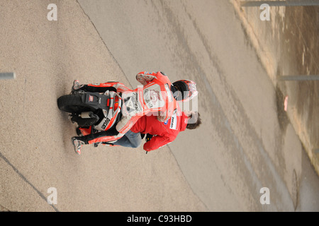 Crash at turn 1 at the Valencia Moto GP involving Valentino Rossi 46, Nicky Hayden 69, Randy De Puniet 14, Alvaro Bautista 19 Stock Photo