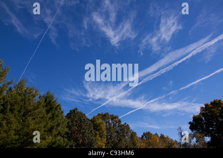 Cirrus clouds and contrails Eastern USA Stock Photo