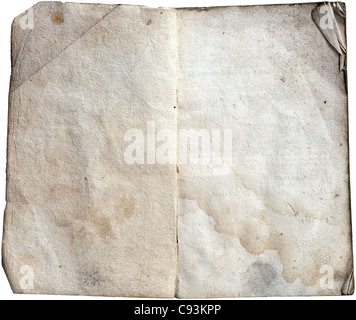 Old open note book with empty stained sheets isolated on white with clipping path. Stock Photo