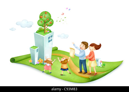 Family with children looking at apple tree which is on the top of building Stock Photo