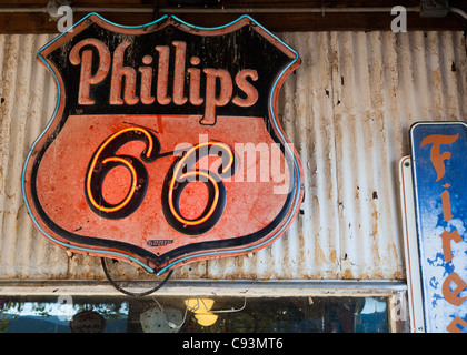 Old Phillips Route 66 neon sign outside Hackberry General Store along historic Route 66, Arizona, USA Stock Photo