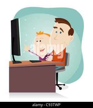 Illustration of a cartoon happy family, father and his son looking at something amazing on the screen of their Desktop Computer Stock Photo