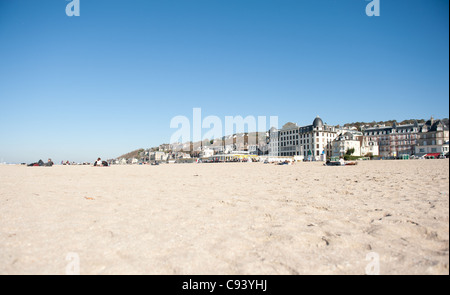 Sandy beach of the seaside resort Trouville-sur-Mer at the estuary of the Touques river in Normandy, France Stock Photo