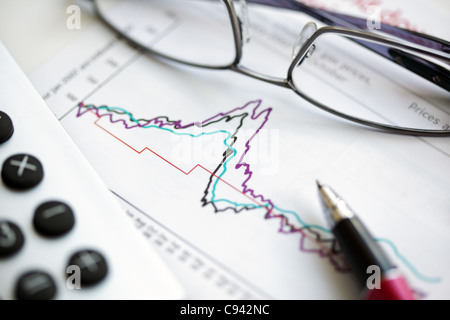 Pen glasses and calculator on stock chart Stock Photo