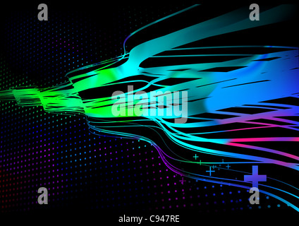 illustration of wavy curved colored lines on dotted black background. Stock Photo