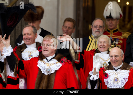 London, UK, 12.11.2011 David Wootton (left), Lord Mayor of the City of London, on the balcony with former Mayor Michael Bear (right) at Mansion House during the Lord Mayor's Show, the annual procession from the City of London to the Royal Courts of Justice. Photo:Jeff Gilbert Stock Photo