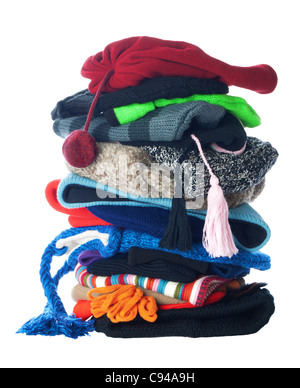 Small stack of woolen winter hats. Isolated on white background Stock Photo
