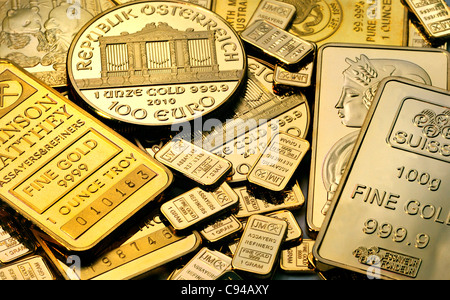 Gold bullion - coins and bars / ingots (gold-plated replicas) Stock Photo