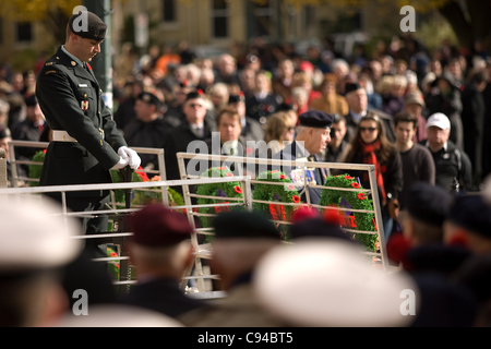 London Ontario, Canada - November 11, 2011. Remembrance Day ceremonies at the Cenotaph in Victoria Park in London Ontario Canada. Stock Photo