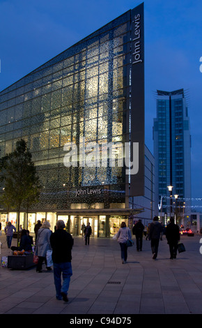 Christmas lights cascading down the facade of the John Lewis store in Cardiff city centre Stock Photo