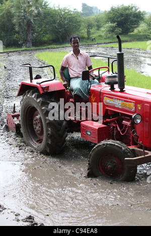 Tractor preparing a paddy field Tamil Nadu India Stock Photo
