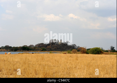 Distant view of Castle Kopje from inside Imire Safari Ranch, Zimbabwe. Stock Photo