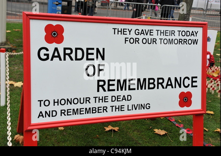 Sign in the Remembrance Garden as crowds gather at Glasgow's George Square to pay silent tribute to soldiers who gave their lives in World War I and World War II and other wars since. Stock Photo