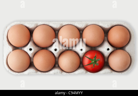 Cardboard box containing nine brown hen eggs and one single red tomato, signifying an Odd One Out concept Stock Photo