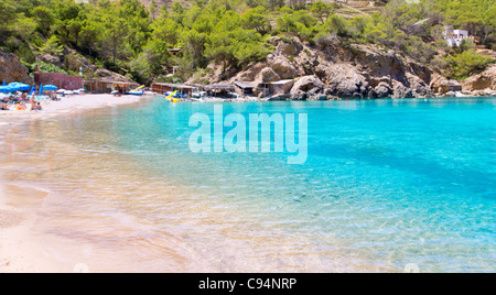 Ibiza Port de Benirras beach with turquoise mediterranean sea in Spain Stock Photo